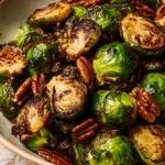 Air Fryer Brussels Sprouts with balsamic glaze and pecans on a plate