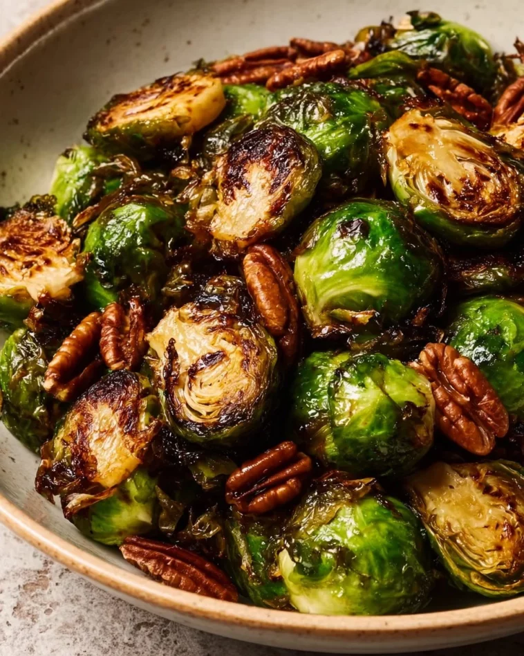 Air Fryer Brussels Sprouts with balsamic glaze and pecans on a plate