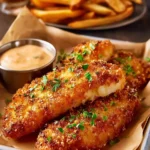 Air fryer crispy chicken tenders served with dipping sauce on a plate.