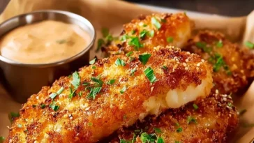 Air fryer crispy chicken tenders served with dipping sauce on a plate.