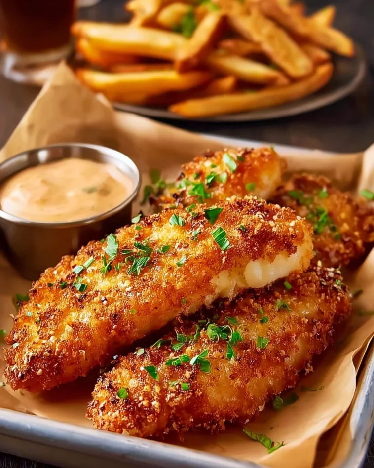 Air fryer crispy chicken tenders served with dipping sauce on a plate.