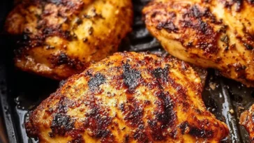 Juicy grilled chicken breast served with fresh vegetables