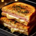 Delicious grilled ham and cheese sandwich made in an air fryer, golden and crispy.