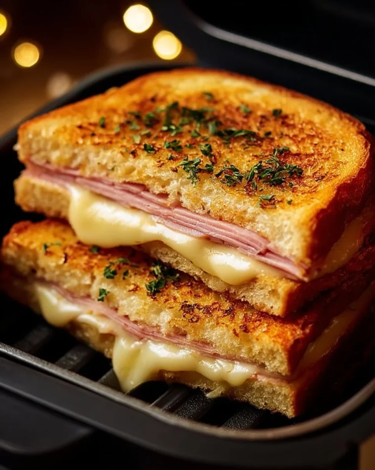 Delicious grilled ham and cheese sandwich made in an air fryer, golden and crispy.