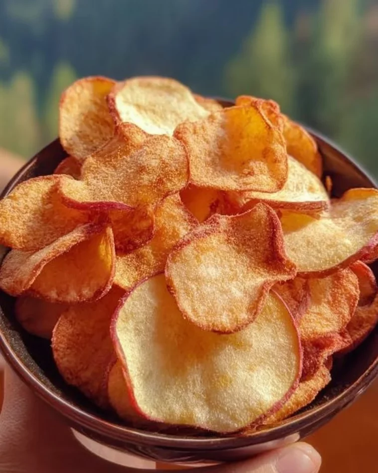 Air fryer apple chips with cinnamon sugar on a plate