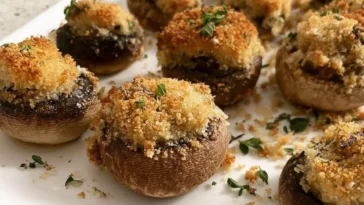 Golden air fryer crispy mushrooms served as a tasty snack or appetizer.