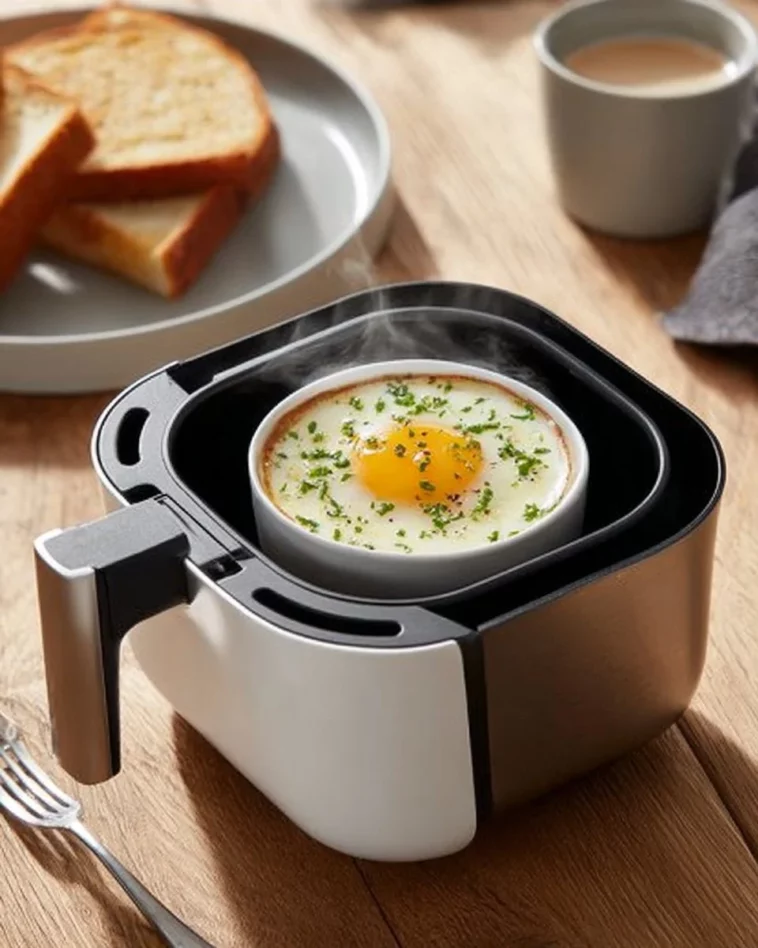 Sunny-side up fried egg cooked in an air fryer, showcasing its golden yolk and crispy edges.
