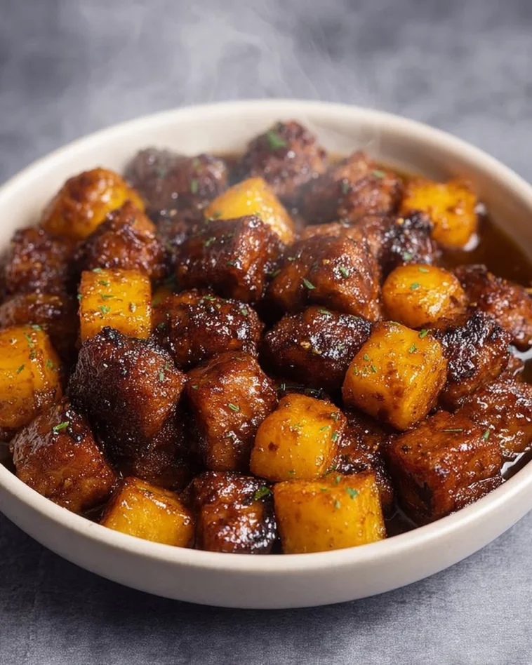 Air fryer garlic butter steak bites with crispy potatoes and herbs