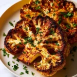 Golden Air Fryer Cauliflower Steaks seasoned with harissa for a spicy flavor