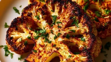 Golden Air Fryer Cauliflower Steaks seasoned with harissa for a spicy flavor