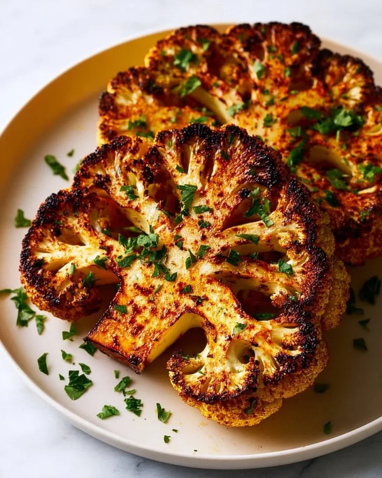 Golden Air Fryer Cauliflower Steaks seasoned with harissa for a spicy flavor