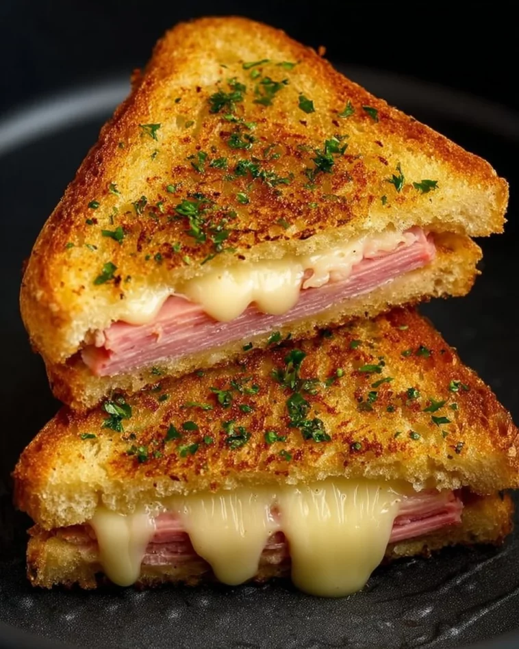 Delicious Air Fryer Grilled Ham and Cheese sandwich with melted cheese