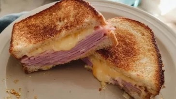 Crispy Air Fryer Ham and Cheese Sandwich with golden brown bread and melted cheese
