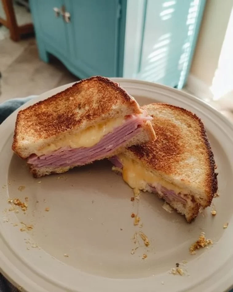 Crispy Air Fryer Ham and Cheese Sandwich with golden brown bread and melted cheese