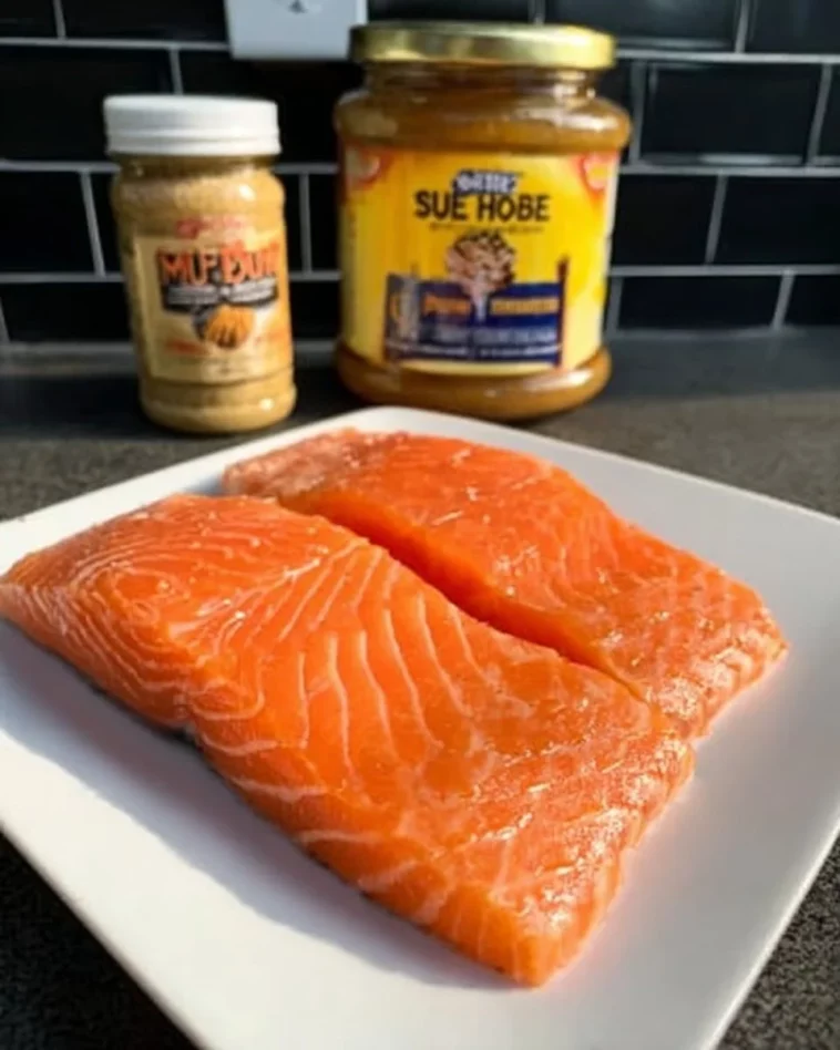 Air Fryer Honey Mustard Salmon served on a plate with vegetables