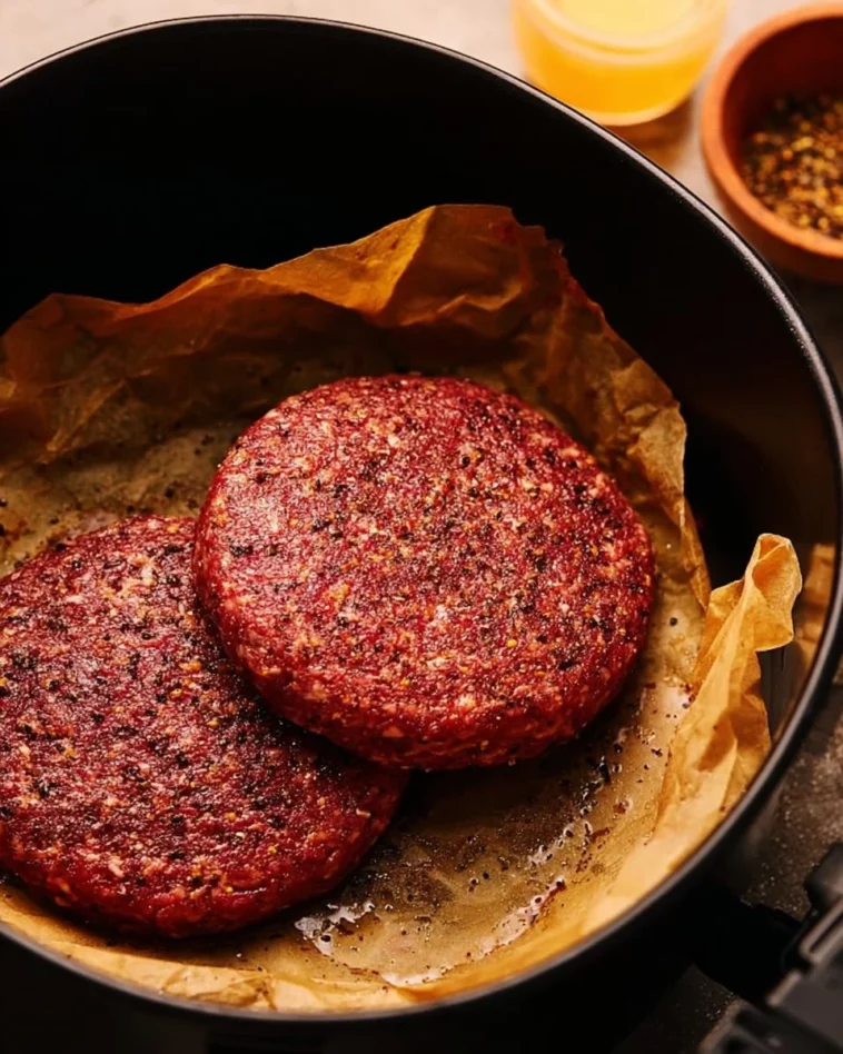 Delicious air fryer juicy burgers served on a plate with fresh toppings