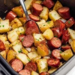 Crispy air fryer potatoes and sausage served on a plate