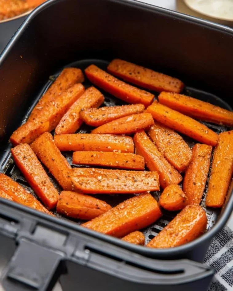 Air fryer roasted carrots topped with herbs and spices in a bowl