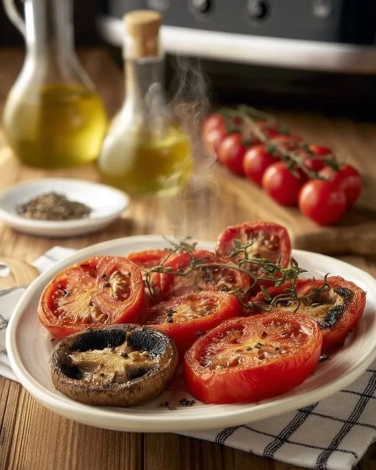 Air fryer roasted tomatoes and mushrooms served in a bowl