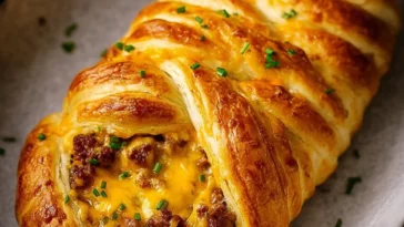 Delicious Air Fryer Sausage Egg Braid recipe with flaky pastry and savory filling.