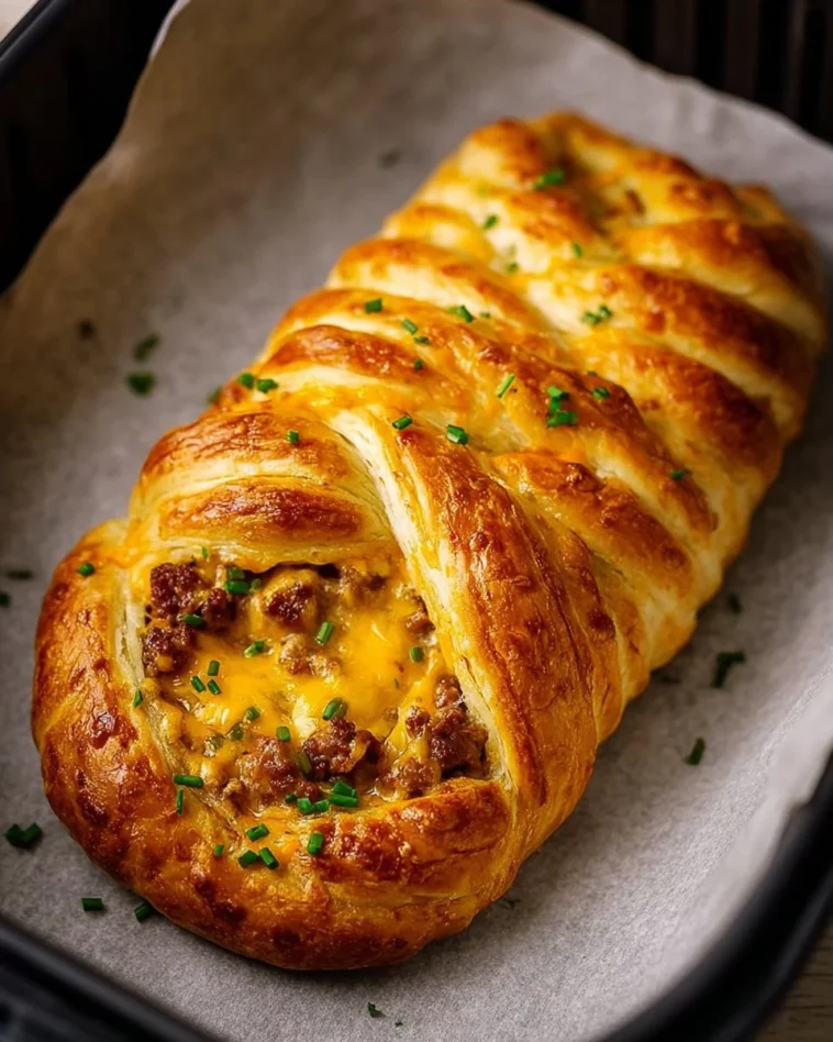 Delicious Air Fryer Sausage Egg Braid recipe with flaky pastry and savory filling.