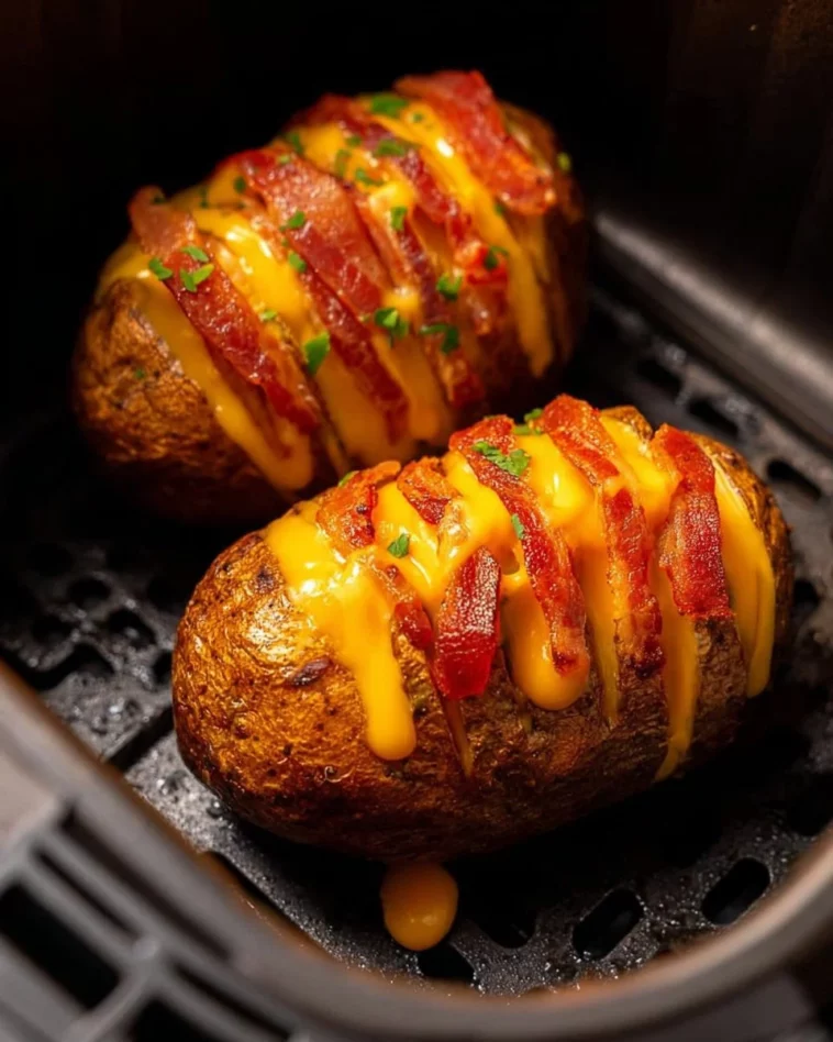 Delicious baked potatoes topped with melted cheese and crispy bacon.