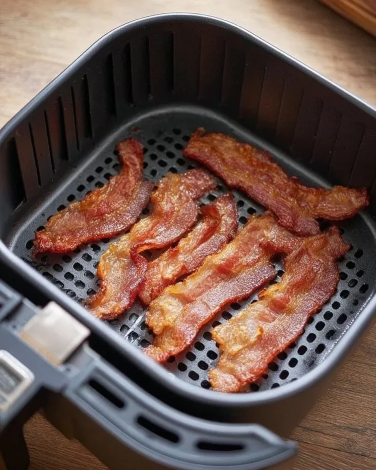 Crispy air fryer bacon cooking in a modern air fryer.