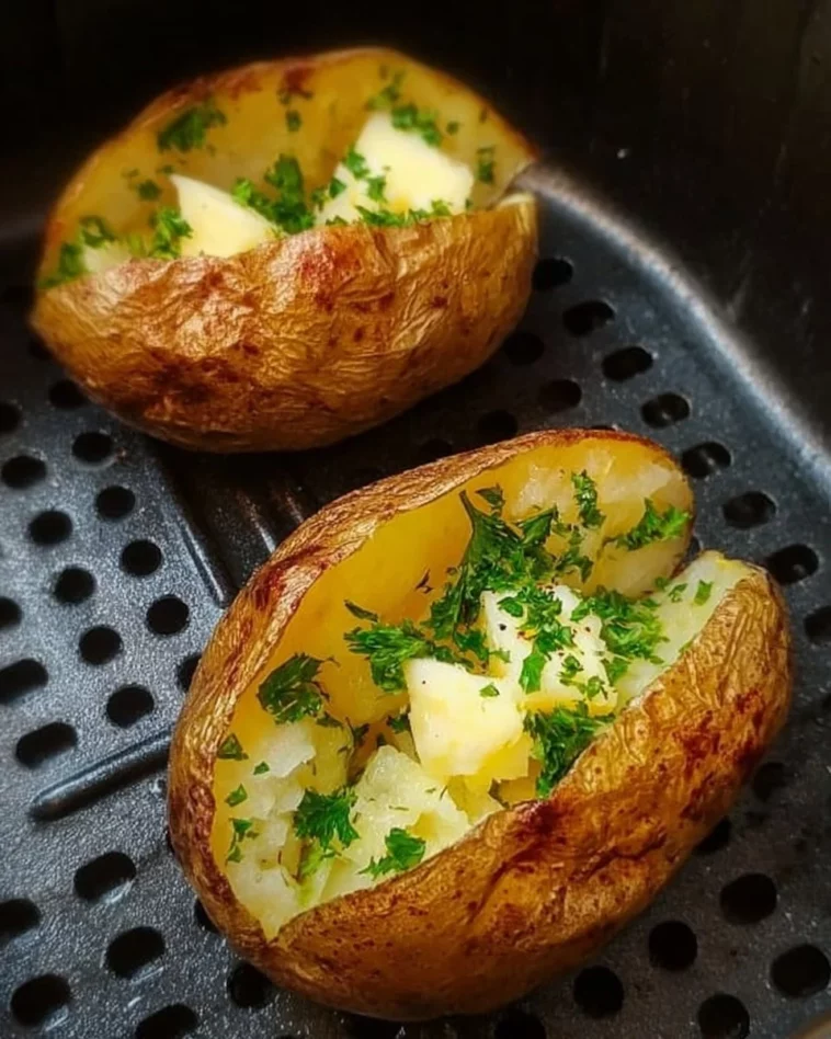 Crispy air fryer baked potatoes served with toppings on a plate