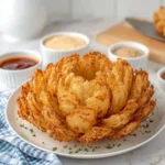 Crispy air fryer blooming onion served with zesty dipping sauce