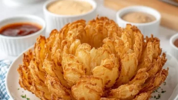 Crispy air fryer blooming onion served with zesty dipping sauce