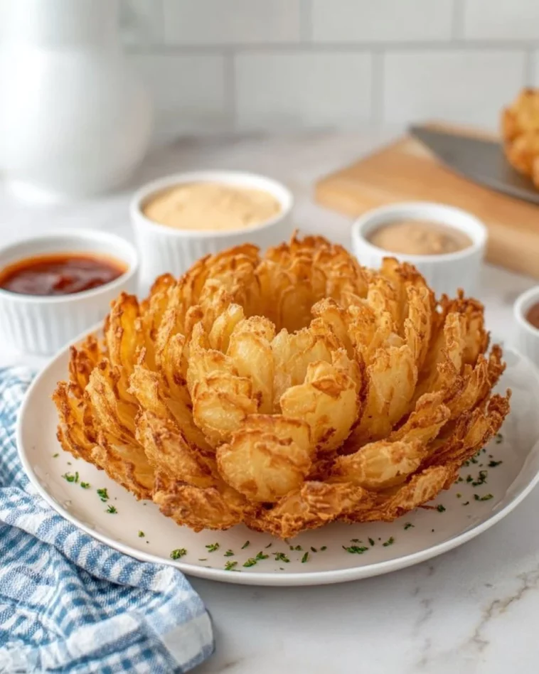 Crispy air fryer blooming onion served with zesty dipping sauce
