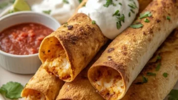Crispy air fryer cream cheese chicken taquitos served on a plate.