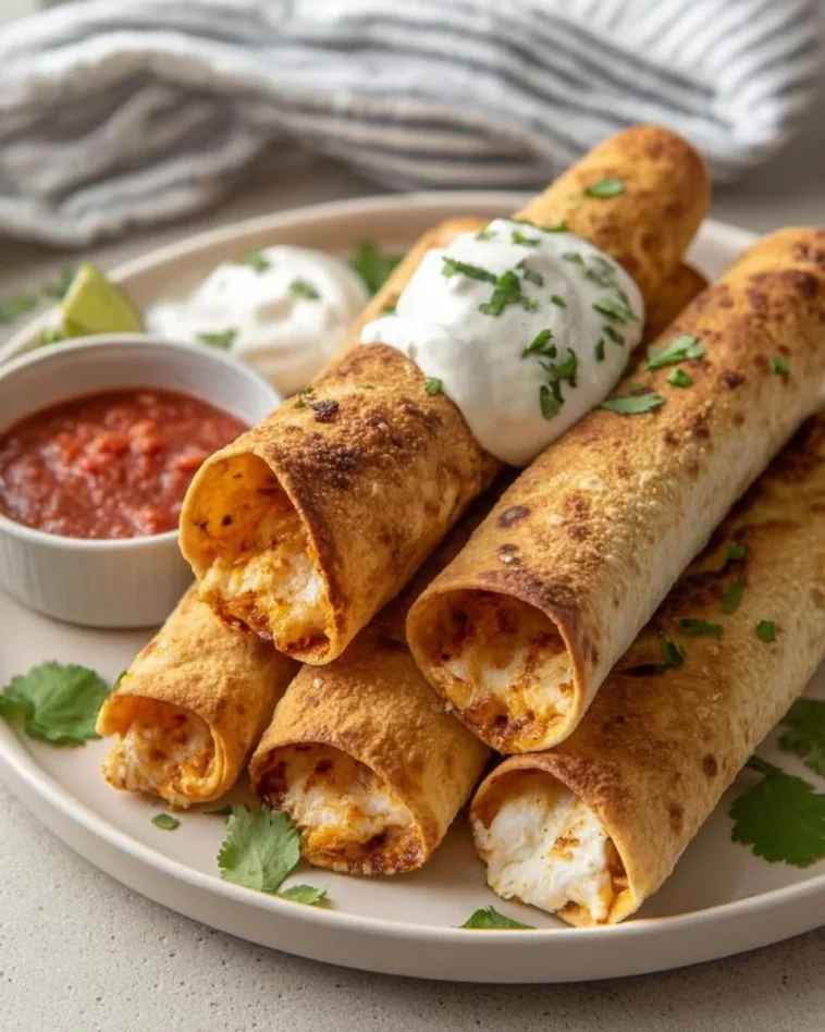 Crispy air fryer cream cheese chicken taquitos served on a plate.