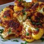 Plate of crispy roasted cauliflower garnished with herbs and spices