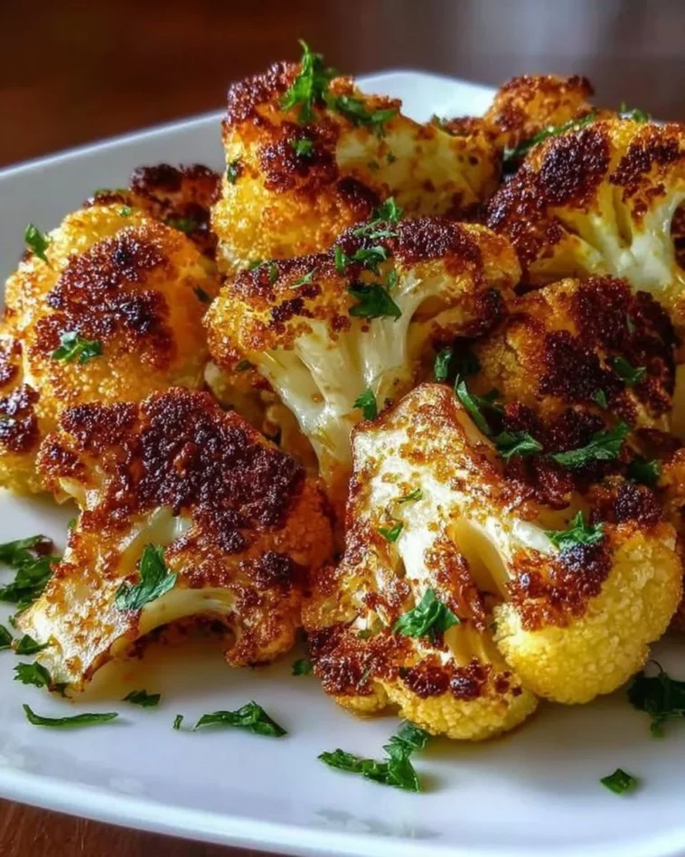 Plate of crispy roasted cauliflower garnished with herbs and spices