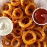 Crispy air fryer onion rings served with dipping sauce