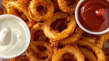 Crispy air fryer onion rings served with dipping sauce