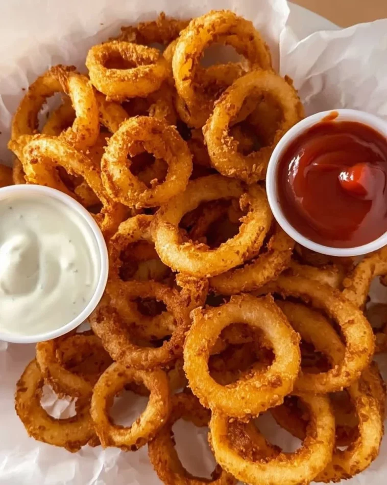 Crispy air fryer onion rings served with dipping sauce