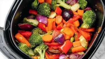 Colorful plate of easy air fryer vegetables ready to enjoy