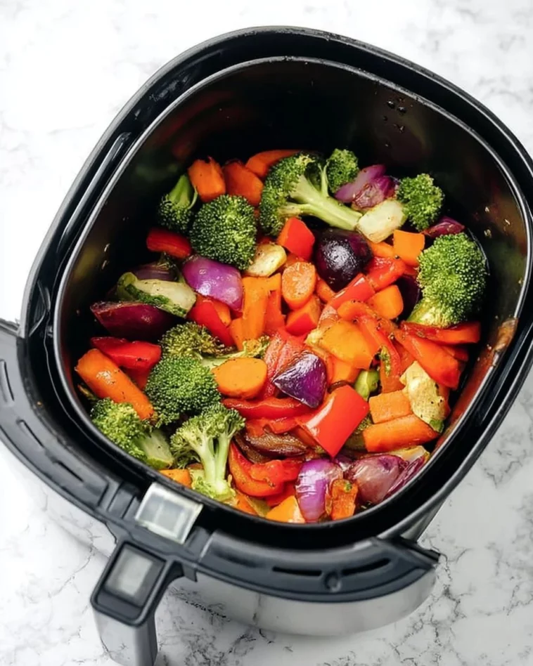 Colorful plate of easy air fryer vegetables ready to enjoy