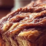 Loaf of homemade Amish Cinnamon Bread with cinnamon swirl on a wooden table