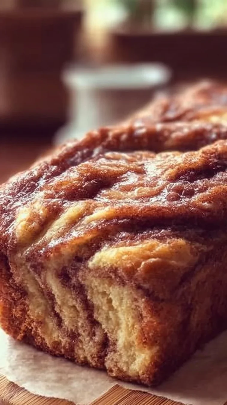Loaf of homemade Amish Cinnamon Bread with cinnamon swirl on a wooden table