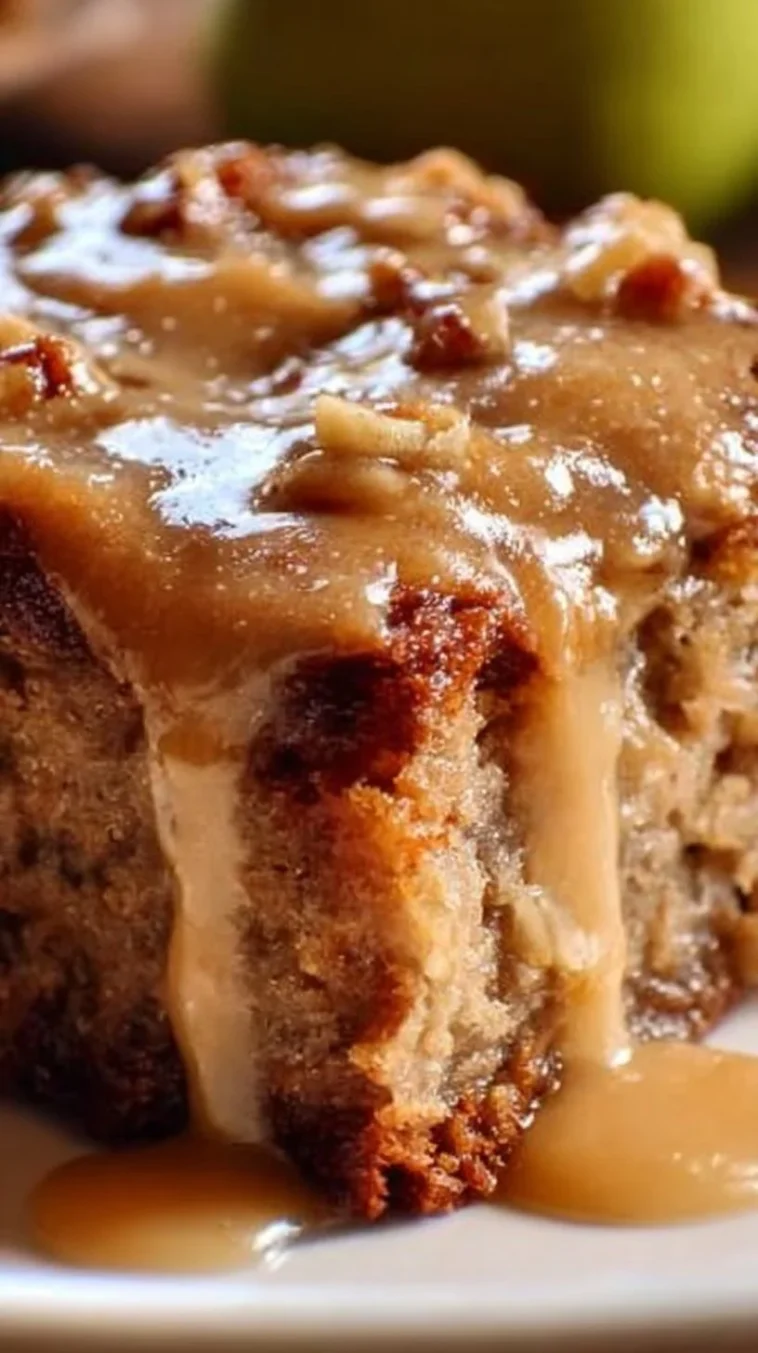 Delicious slice of Apple Dapple Cake with apples and walnuts.
