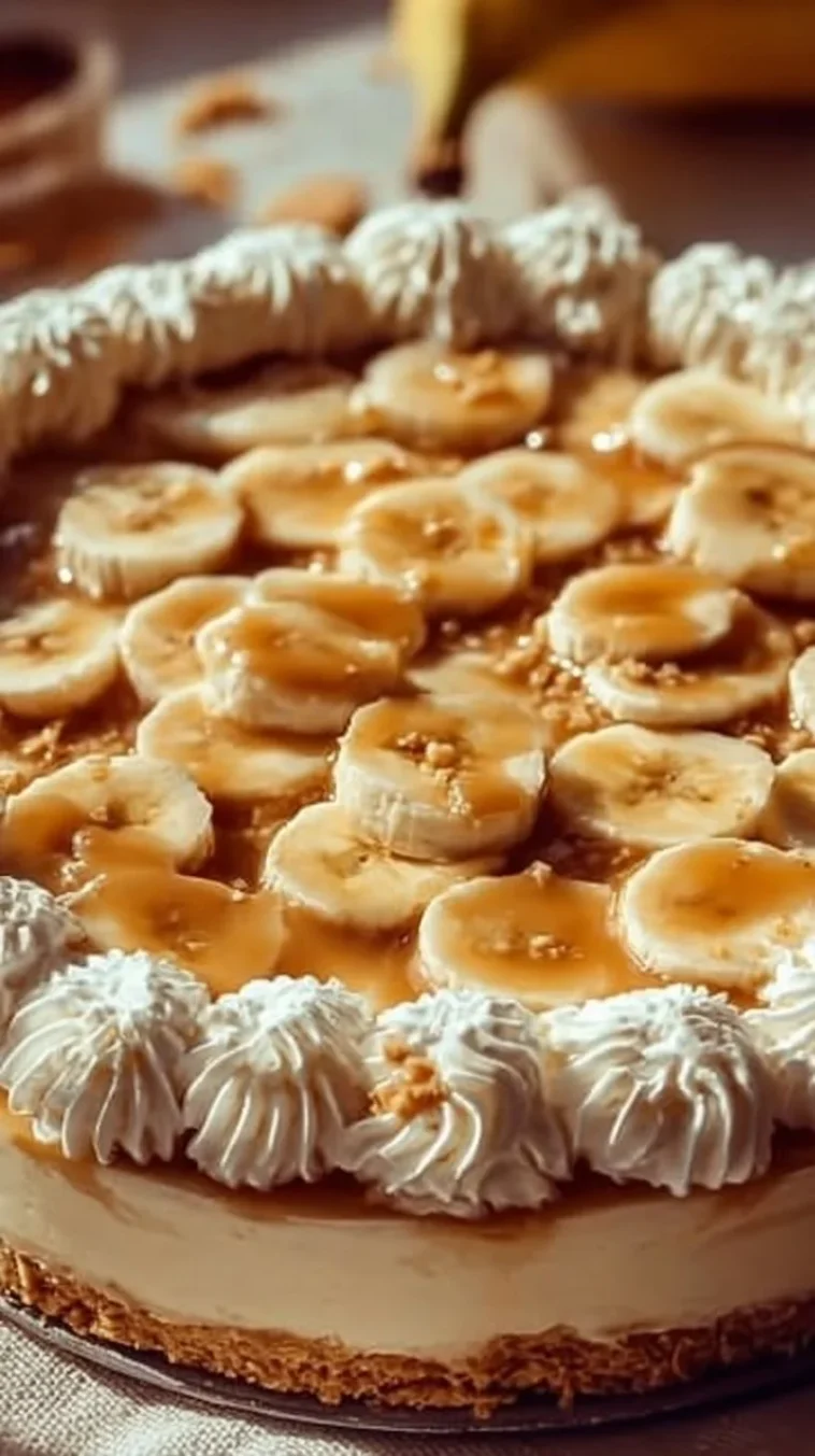 Slice of banana pudding cheesecake with a graham cracker crust and banana slices