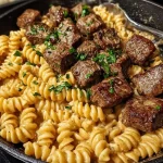 Delicious buttery steak skillet served with creamy alfredo spirals.