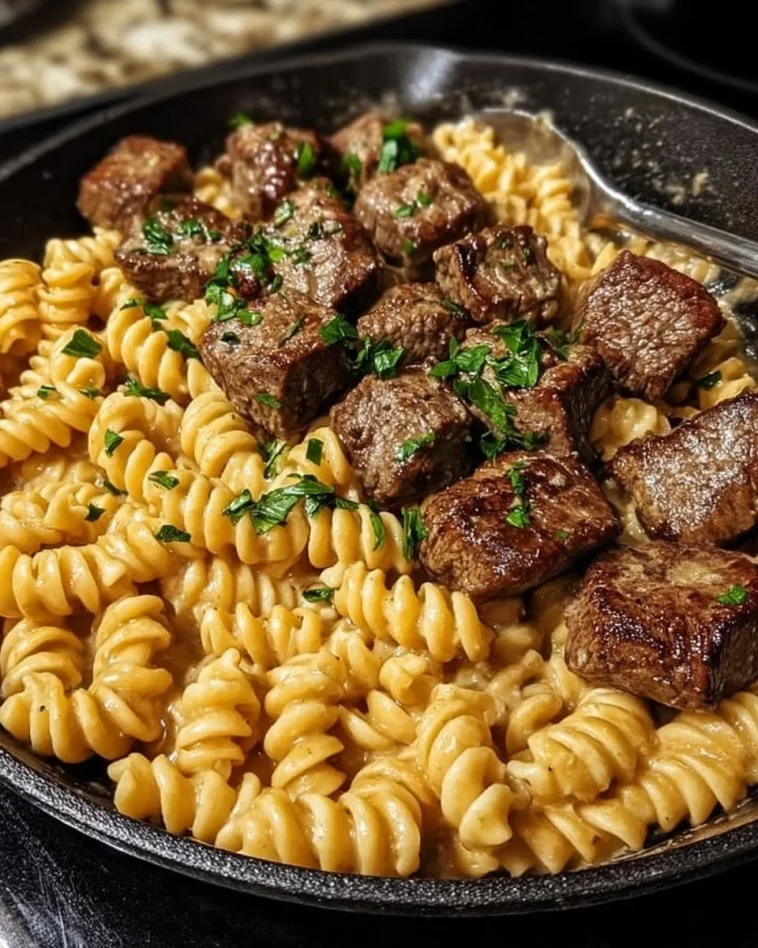 Delicious buttery steak skillet served with creamy alfredo spirals.