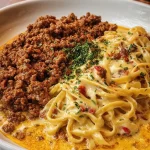 Cajun Beef Linguine with creamy Velveeta Parmesan garlic sauce
