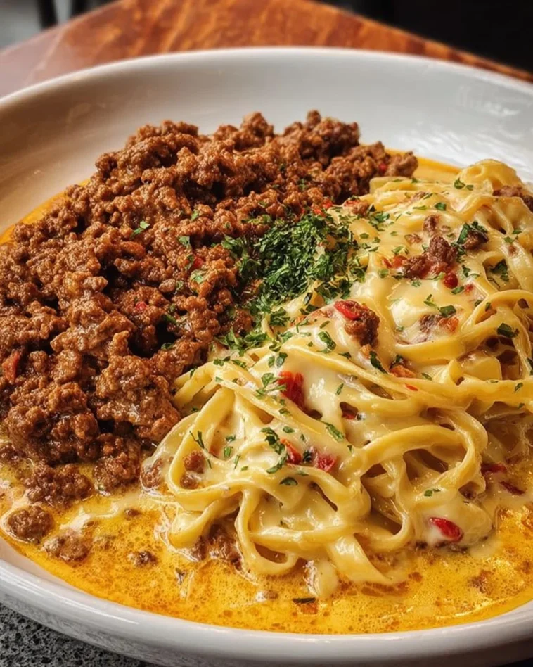 Cajun Beef Linguine with creamy Velveeta Parmesan garlic sauce