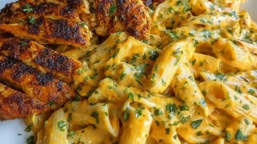 Cheesy Alfredo Garlic Butter Chicken served with Penne Pasta