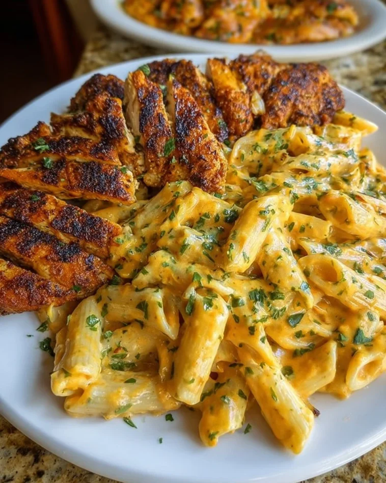 Cheesy Alfredo Garlic Butter Chicken served with Penne Pasta